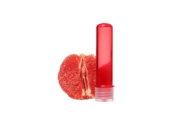 PNG, jar of lubricant with grapefruit and sex toys, isolated on white background. - obrazy, fototapety, plakaty