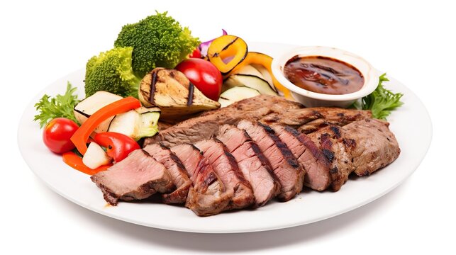 Grilled meat with vegetable salad plated on white background . Generative AI - Powered by Adobe