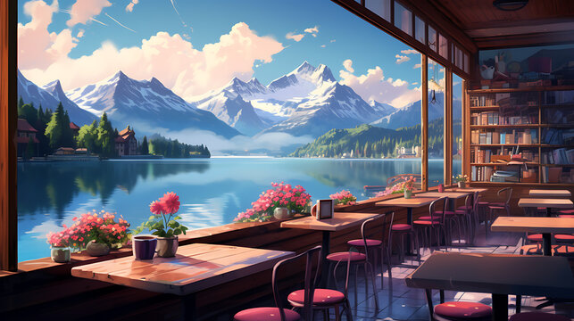 Restaurant With Mountain And Lake View With Blue Sky Lofi Anime Cartoon Style