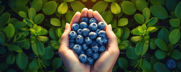Fresh ripe blueberries covered with fresh watherdrops with green leaves, panorama. Generative Ai.