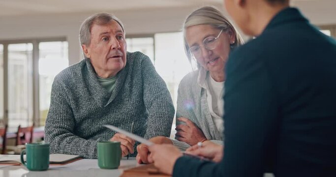 Elderly couple, documents and financial advisor in retirement, consultation or planning at home. Senior man or woman talking to finance consultant or agent with paperwork in budget plan or investment