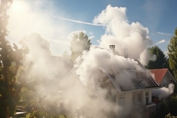 Smoke pollution  from family house chimney on village from heating. Generative Ai.
