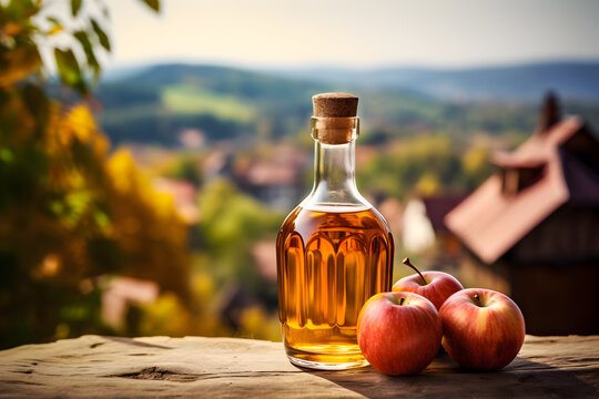 Homemade apple cider juice vinegar in a bottle with fresh apples. Rustic lifestyle outdoor image with alcohol beverage 