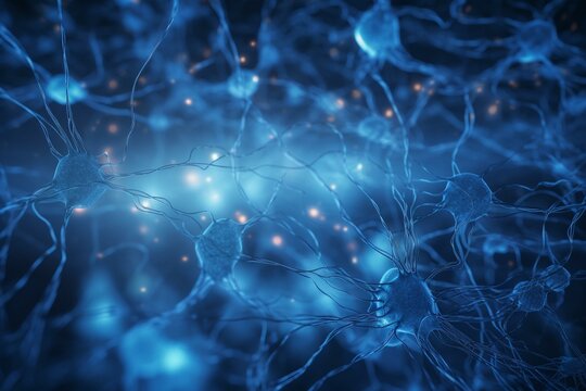 Blue neurons in human neural network. Generative AI
