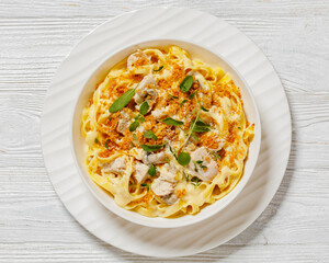 creamy chicken and mushroom tagliatelle in bowl