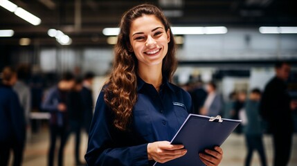 Smiling Girl Holding a Clipboard in a School Gymnasium