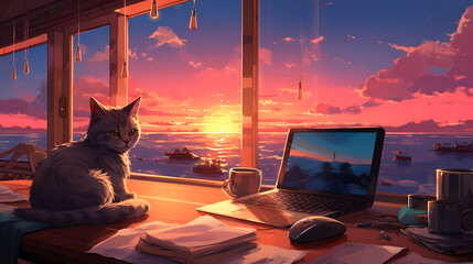 cat sitting on a desk with a laptop by large window with sunset view lofi anime cartoon relaxing style