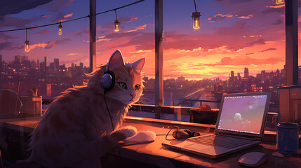 Naklejka premium a cat wearing a headphone playing with a computer on a desk with sunset view from large window lofi anime style