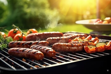 Fresh grilled sausage, vegetables, cheese and steak on outdoor home grill. Generative Ai.