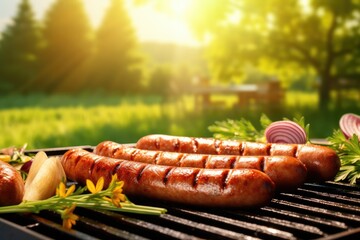 Fresh grilled sausage, vegetables, cheese and steak on outdoor home grill, panorama. Generative Ai.