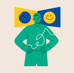 Man is next to two icons with sad and cheerful faces. Choice of mood. Colorful vector illustration