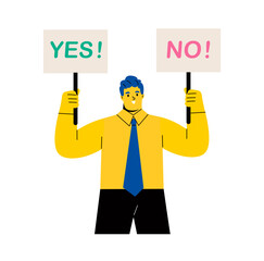 Business man holding a signs with yes and no. Concept of need to make decisions. Flat vector illustration isolated on white background
