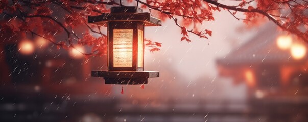 Japanese lantern in the chinese temple in street of city, panorama. Generative Ai.