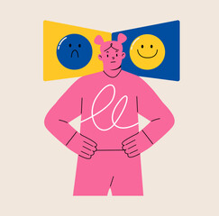 Woman is next to two icons with sad and cheerful faces. Choice of mood. Colorful vector illustration