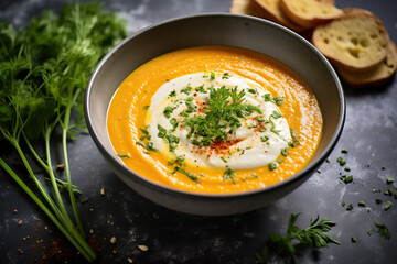 Top view photo of a plate of carrot soup with cream cheese accompanied by onion and spices.