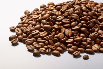 Obraz premium A heap of roasted coffee beans on a plain background. Generative AI