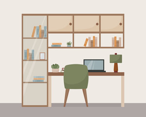 workspace room interior, flat style, cabinet, home office, modern interior, chair, desk, bookshelf, books, lamp, plant, laptop, vector illustration