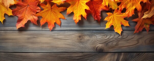 Naklejka na ściany i meble Autumn maple orange leaves many together, panorama. Generative Ai.