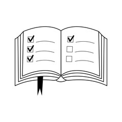 Open book with bookmark and check marks. Linear doodle icon. Diary with notes. Learning, knowledge, business, planning concept.