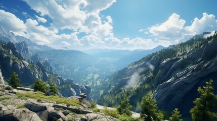 A breathtaking panoramic view from the edge of a cliff, overlooking a pristine, untouched valley.