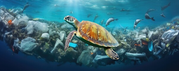 Underwater view of many plastic pollution in ocean water with swimming turtles, panorama. Generative Ai.