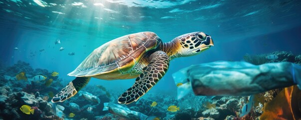 Obraz premium Underwater view of many plastic pollution in ocean water with swimming turtles, panorama. Generative Ai.