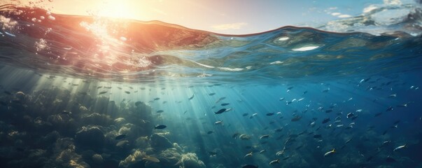 Fototapeta na wymiar Underwater view of many plastic pollution in ocean water with swimming turtles, panorama. Generative Ai.