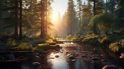 A tranquil forest clearing with a gentle stream, bathed in the soft hues of sunset.