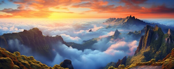 Foggy Madeira mountains with peaks in the clouds with perfect light, panorama. Generative Ai. - obrazy, fototapety, plakaty