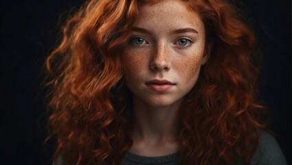 Fototapeta premium Artistic portrait of young redhead girl smiling, black flat studio background