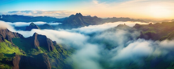 Foggy Madeira mountains with peaks in the clouds with perfect light, panorama. Generative Ai.