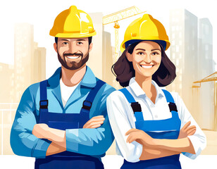Smiling man and woman in safety helmets, building industry management workers.