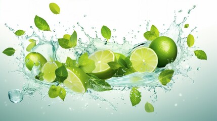 Mojito drink wave splash with lime, ice cubes, water swirl, and mint leaves.  liquid beverage with citrus fruit slices, water droplets, and frozen icy blocks - obrazy, fototapety, plakaty