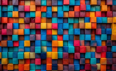 An abstract, colorful background featuring squares arranged in a modular sculpture style, reminiscent of an aerial view.