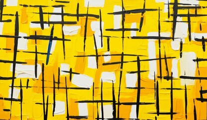 An all-yellow geometric grid with black lines, resembling childlike abstraction with a hand-drawn quality