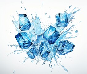 water splashing with blue ice cubes, in the style of energetic