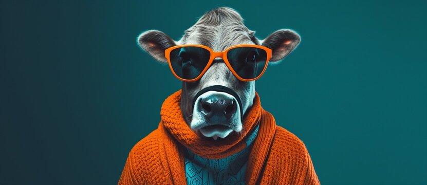 A cow wearing a sweater and sunglasses, in the style of vivid portraiture, bio-art, groovy aesthetics, and bold fashion photography, featuring dark cyan and orange hues in lively tableaus.