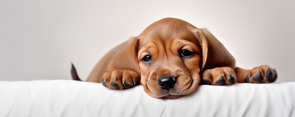 A sleepy young nice cute puppy dozing on a white pillow, panorama. Generative Ai