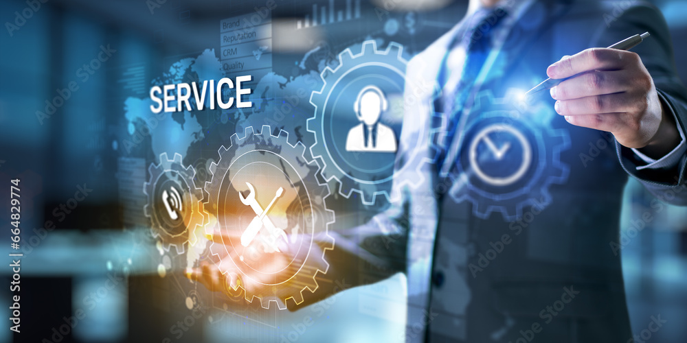 Poster service support customer help call center business technology button on virtual screen.