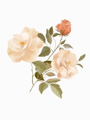 On a white background, a floral bouquet with two cream-colored and one orange rose. Digital watercolor painting. Perfect for various projects and designs.