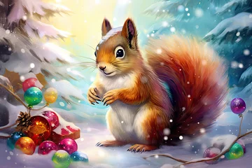 Tuinposter cute squirrel in a winter forest with snow and colorful christmas decorations © Dianne