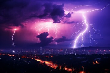 Purple lightning storm over urban area. Generative AI