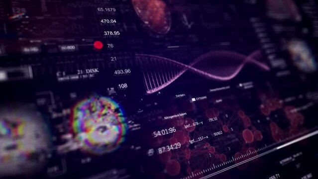 HUD medical screen monitoring MRI x ray Scan, micro surgery arthroscopy operation. Health.DNA. Heard rate monitor. Futuristic Technological Interface. Sceleton 3D Animation.Blue