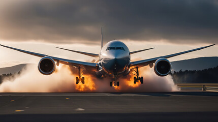 Sabotage and Disaster - burning Airplane Landing on Landingstrip, created with Generative AI technology - obrazy, fototapety, plakaty