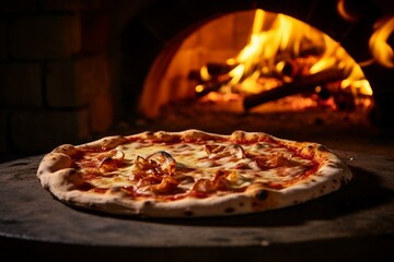 Delicious pizza in front of a stone oven with fire in the background. Generative AI