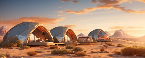 Glamping houses in magic desert nature with perfect colorful sunset light, panorama. Generative Ai. - obrazy, fototapety, plakaty