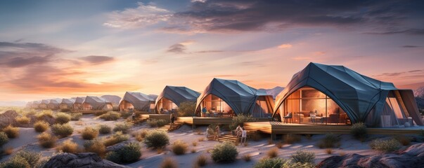 Glamping houses in magic desert nature with perfect colorful sunset light, panorama. Generative Ai. - obrazy, fototapety, plakaty