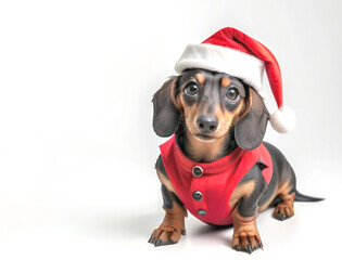 Merry Christmas greeting card, a funny dachshund with santa hut isolated on white, copy space for text and wishes