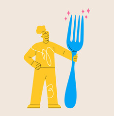 Woman hold big fork. Colorful vector illustration