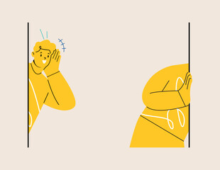 Young interested man  standing looking. Prying and curiosity interest concept. Colorful vector illustration